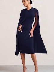 Club L London Navy Blue Marysol Asymmetric Cape Midi Dress - Image 3 of 5