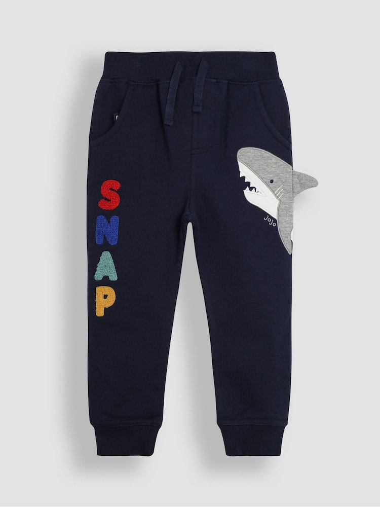 JoJo Maman Bébé Navy Blue Shark Appliqué Pet in Pocket Joggers - Image 1 of 4
