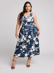 Yours Curve Blue London V-Neck Pleated Dress - Image 1 of 5