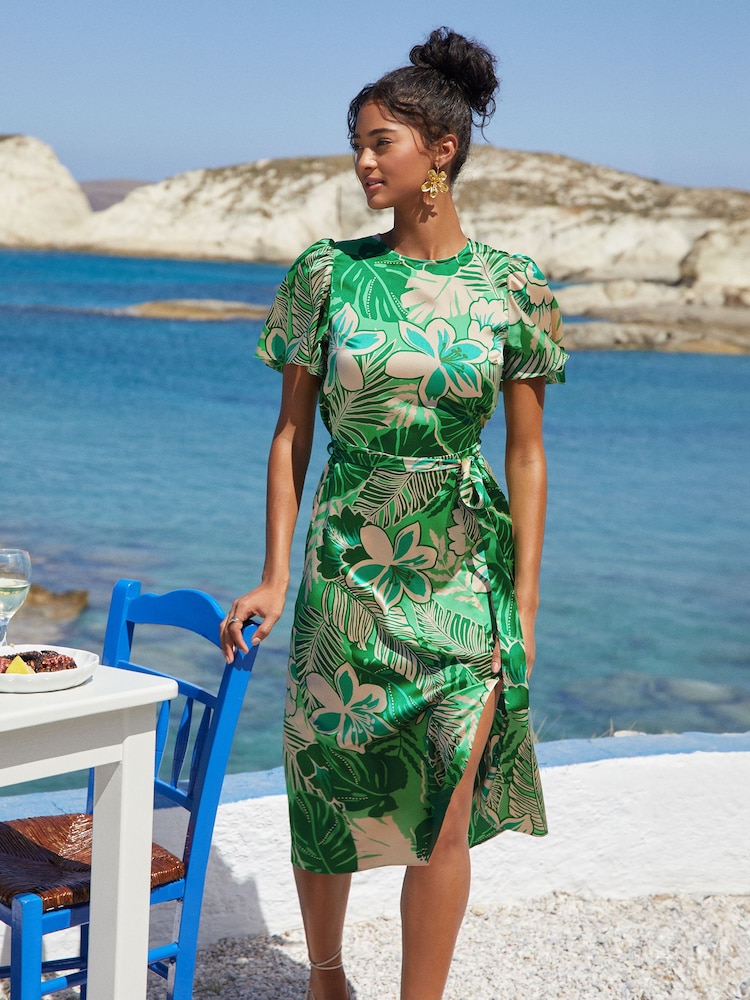 Friends Like These Green Floral Flutter Sleeve Printed Satin Midi Dress - Image 1 of 4 Friends Like These Green Floral Flutter Sleeve Printed Satin Midi Dress - Image 1 of 4
