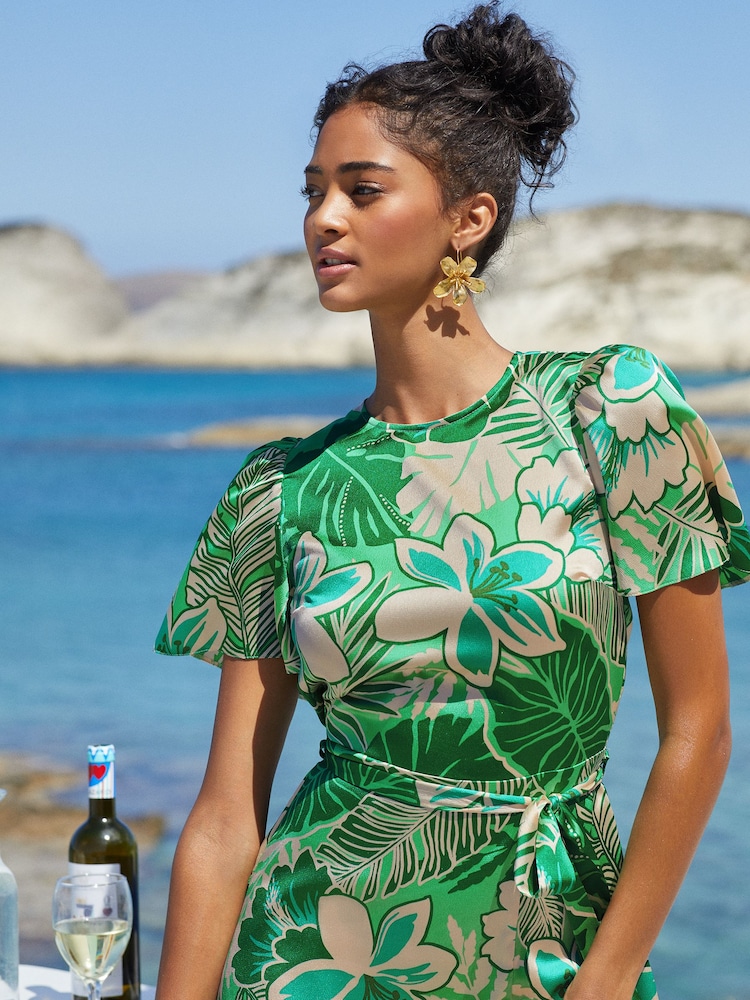 Friends Like These Green Floral Flutter Sleeve Printed Satin Midi Dress - Image 4 of 4 Friends Like These Green Floral Flutter Sleeve Printed Satin Midi Dress - Image 4 of 4