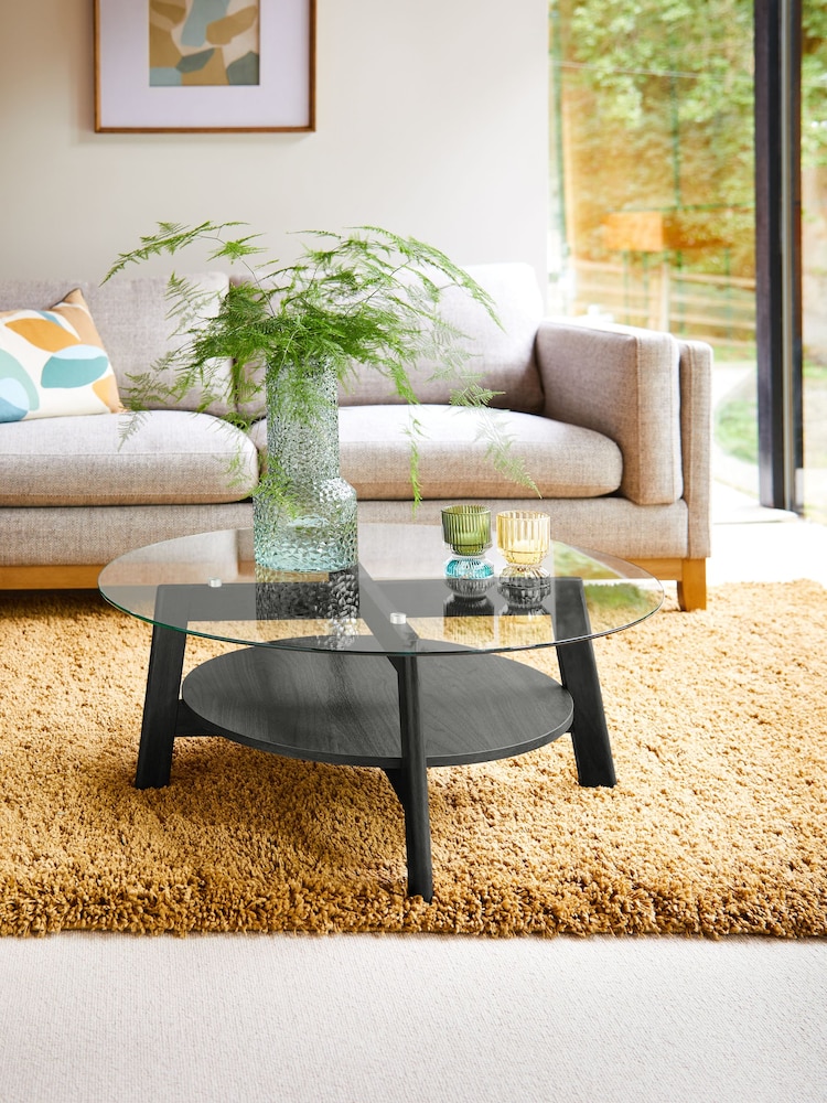 Black Marlow Glass Oak Effect Round Coffee Table - Image 1 of 8