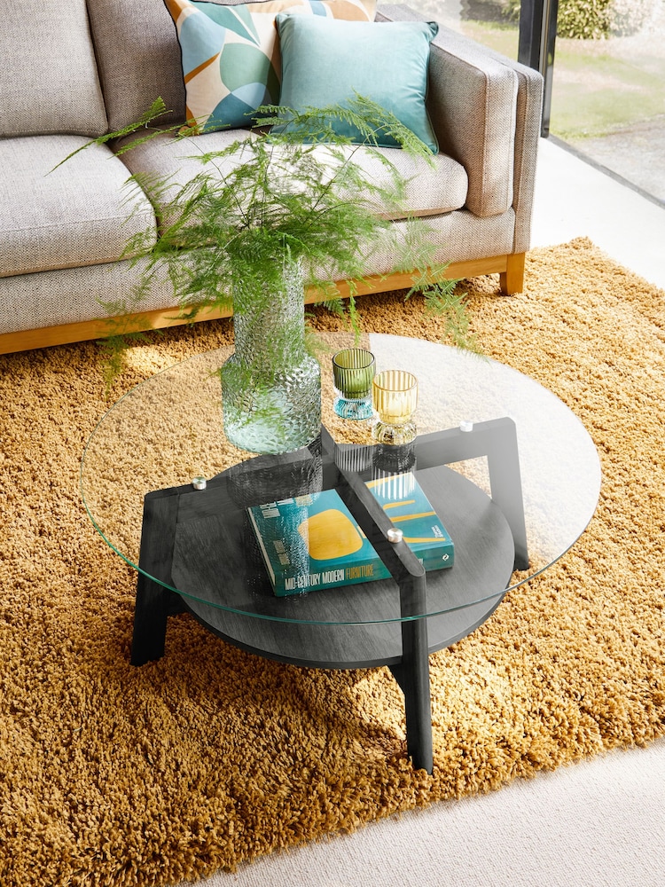 Black Marlow Glass Oak Effect Round Coffee Table - Image 2 of 8