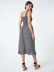 Roman Black Leaf Print Shirred 100% Cotton Midi Dress - Image 3 of 5