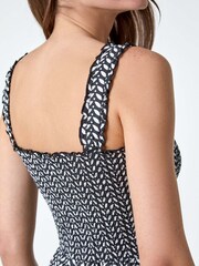 Roman Black Leaf Print Shirred 100% Cotton Midi Dress - Image 5 of 5
