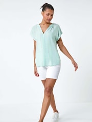 Roman Green Embroidered Stripe Notch Blouses - Image 1 of 5