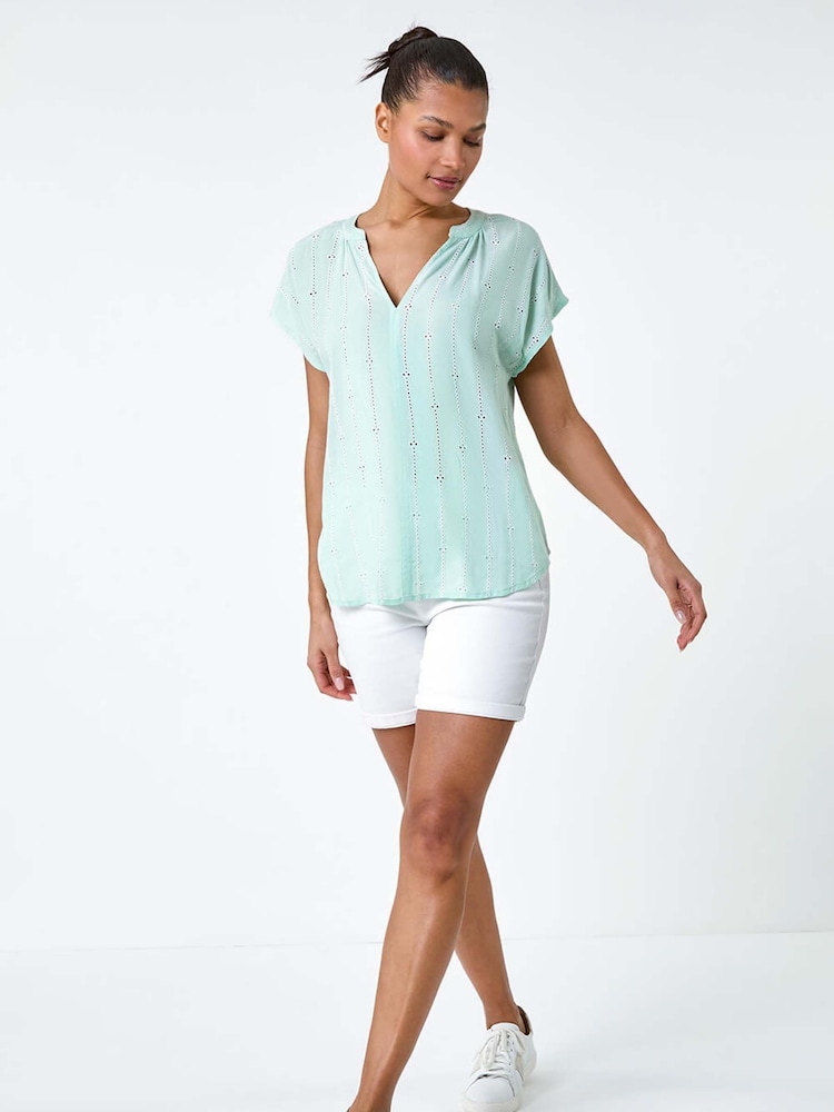 Roman Green Embroidered Stripe Notch Blouses - Image 1 of 5