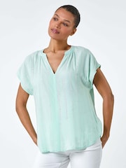Roman Green Embroidered Stripe Notch Blouses - Image 3 of 5