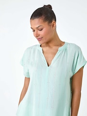 Roman Green Embroidered Stripe Notch Blouses - Image 4 of 5