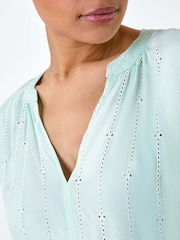 Roman Green Embroidered Stripe Notch Blouses - Image 5 of 5