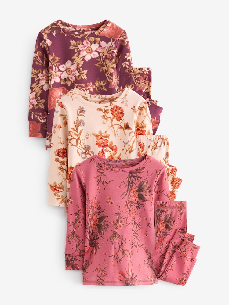 Pink/Purple/Cream Floral Snuggle Pyjamas 3 Pack (9mths-16yrs) - Image 7 of 14