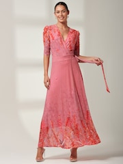 Jolie Moi Pink Kinley Print Wrap Mesh Maxi Dress - Image 1 of 6