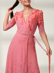 Jolie Moi Pink Kinley Print Wrap Mesh Maxi Dress - Image 3 of 6