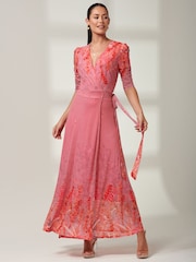 Jolie Moi Pink Kinley Print Wrap Mesh Maxi Dress - Image 4 of 6