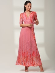 Jolie Moi Pink Kinley Print Wrap Mesh Maxi Dress - Image 6 of 6