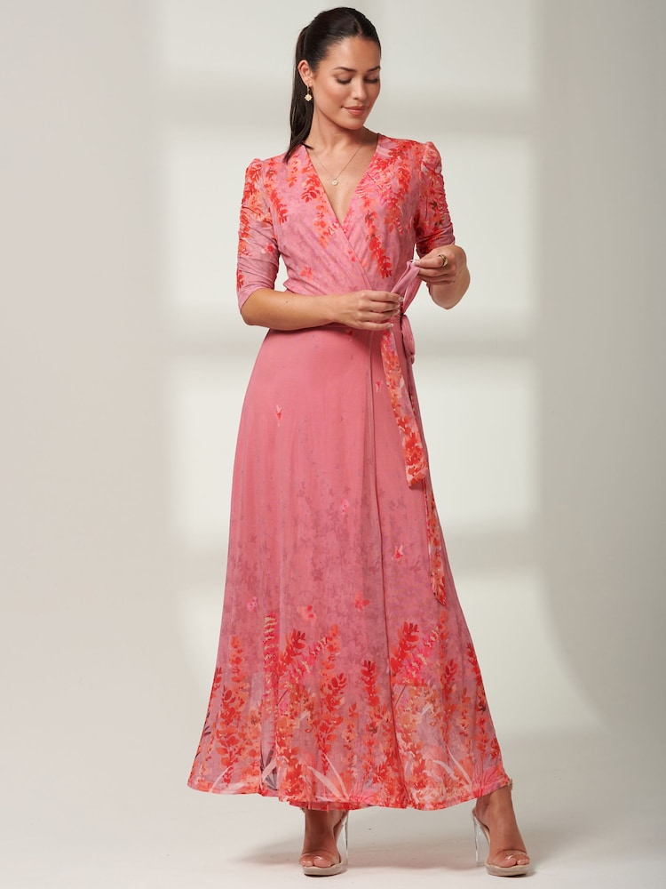 Jolie Moi Pink Kinley Print Wrap Mesh Maxi Dress - Image 6 of 6