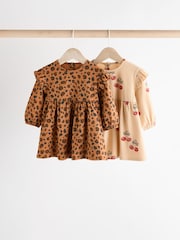 Tan Brown/ Cream Cherry & Animal Print Baby Cotton Jersey Dresses 2 Pack (0mths-2yrs) - Image 1 of 1