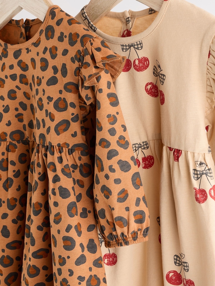 Tan Brown/ Cream Cherry & Animal Print Baby Cotton Jersey Dresses 2 Pack (0mths-2yrs) - Image 10 of 14