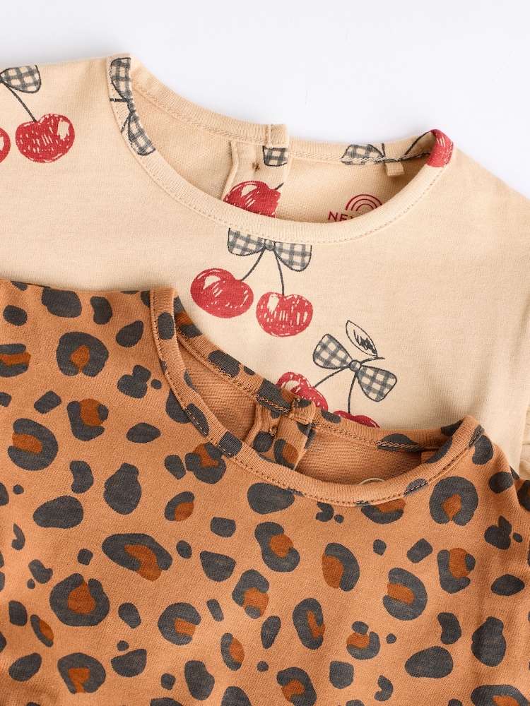 Tan Brown/ Cream Cherry & Animal Print Baby Cotton Jersey Dresses 2 Pack (0mths-2yrs) - Image 11 of 14