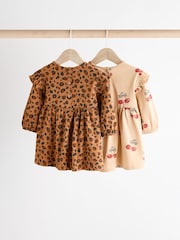 Tan Brown/ Cream Cherry & Animal Print Baby Cotton Jersey Dresses 2 Pack (0mths-2yrs) - Image 5 of 14