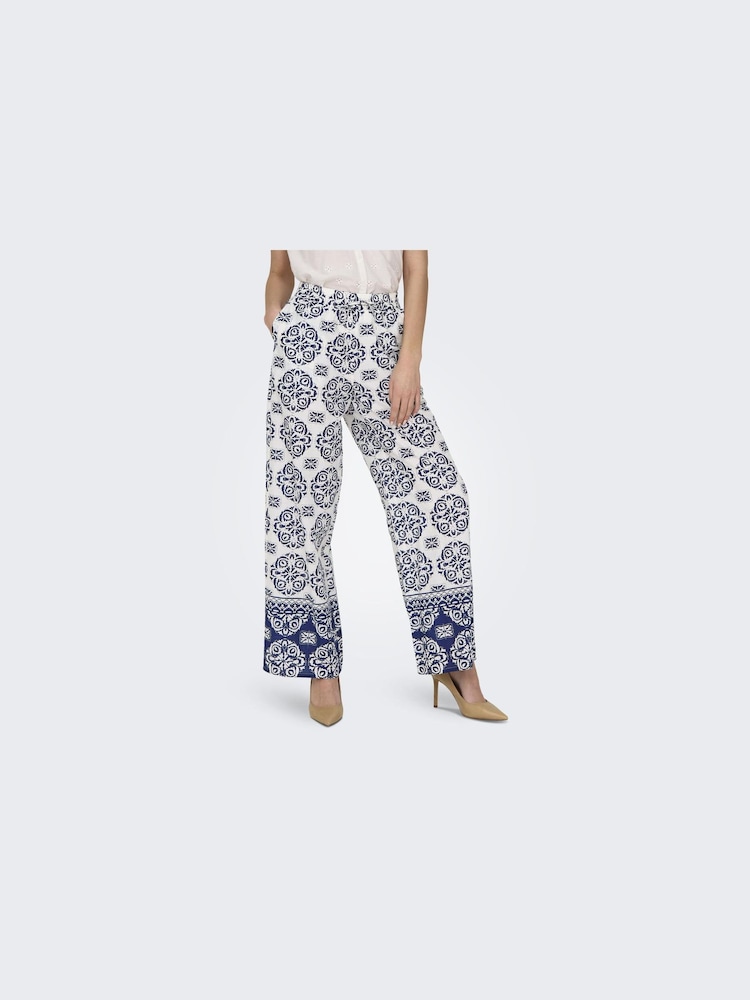 JDY Blue Mosaic Border Print Wide Leg 100% Cotton Trousers - Image 1 of 4