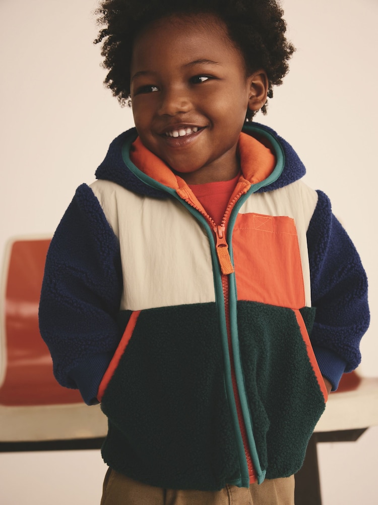 Blue/Green/Ecru Colourblock Fleece Zip Through Hooded Jacket (3mths-7yrs) - Image 1 of 4 Blue/Green/Ecru Colourblock Fleece Zip Through Hooded Jacket (3mths-7yrs) - Image 1 of 4