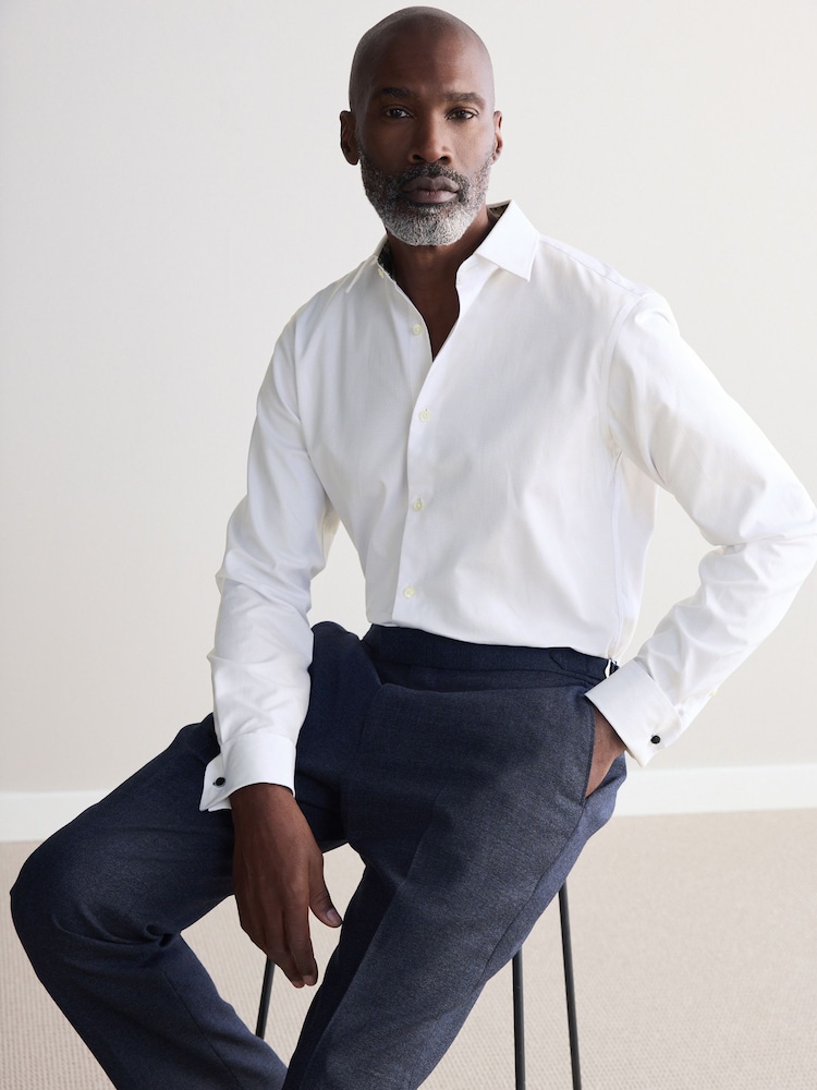 White Slim Fit Signature Textured 100% Egyptian Cotton Trimmed Shirt - Image 1 of 7 White Slim Fit Signature Textured 100% Egyptian Cotton Trimmed Shirt - Image 1 of 7