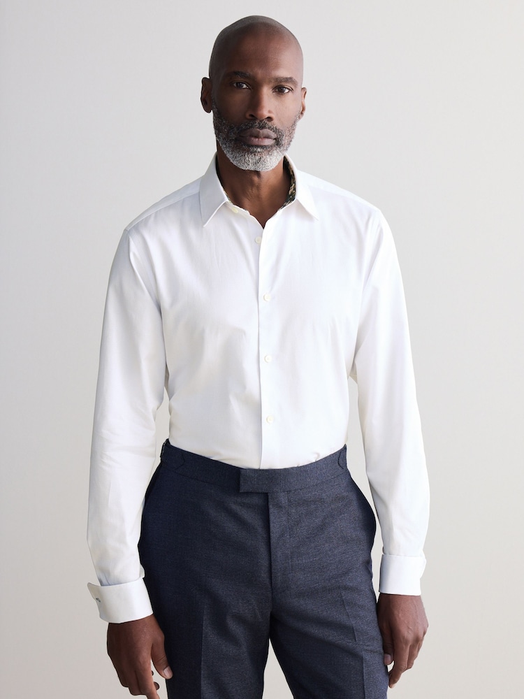 White Slim Fit Signature Textured 100% Egyptian Cotton Trimmed Shirt - Image 2 of 7 White Slim Fit Signature Textured 100% Egyptian Cotton Trimmed Shirt - Image 2 of 7