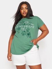 Yours Curve Green 'West Coast' Slogan T-Shirt - Image 1 of 6