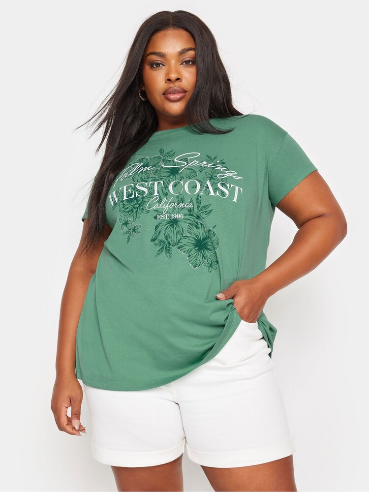 Yours Curve Green 'West Coast' Slogan T-Shirt - Image 1 of 6