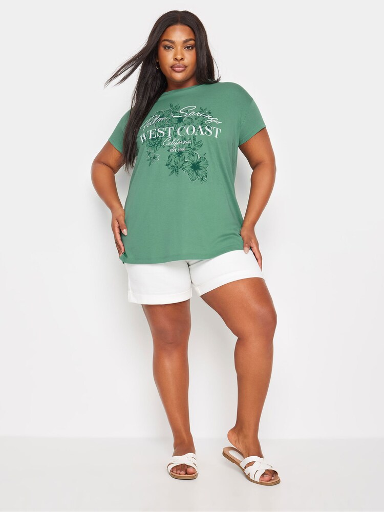 Yours Curve Green 'West Coast' Slogan T-Shirt - Image 2 of 6