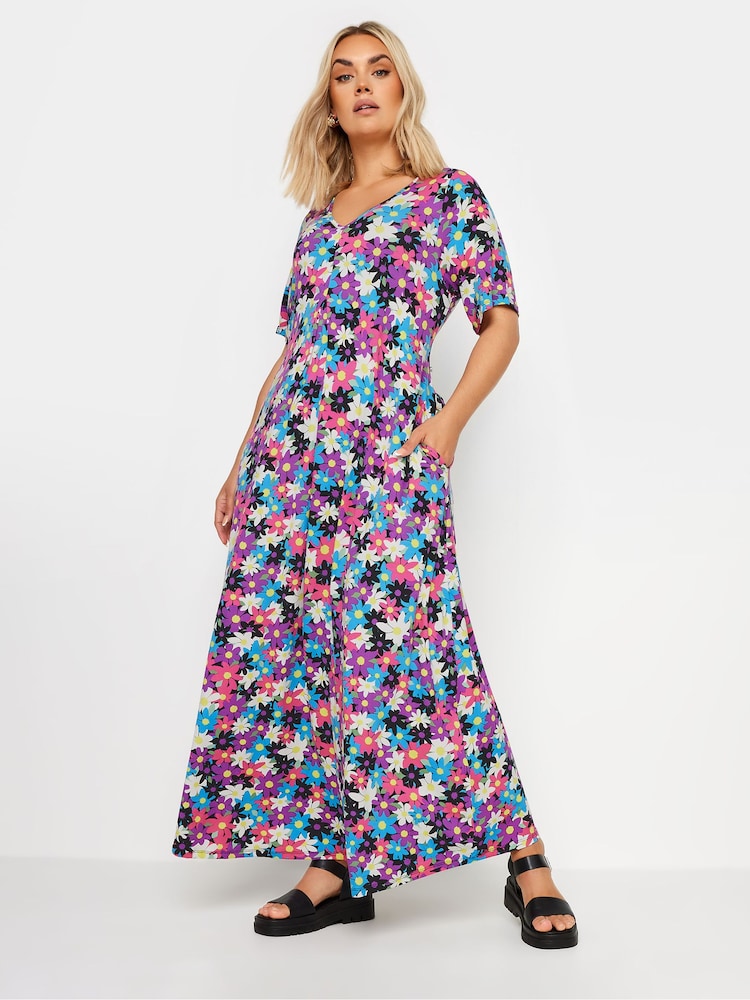 Yours Curve Black & Pink Black & Pink Floral Print Maxi Dress - Image 1 of 5