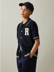Reiss Navy/White Mikan 9-13 yrs Cotton Open-Stitch Motif Shirt - Image 1 of 5