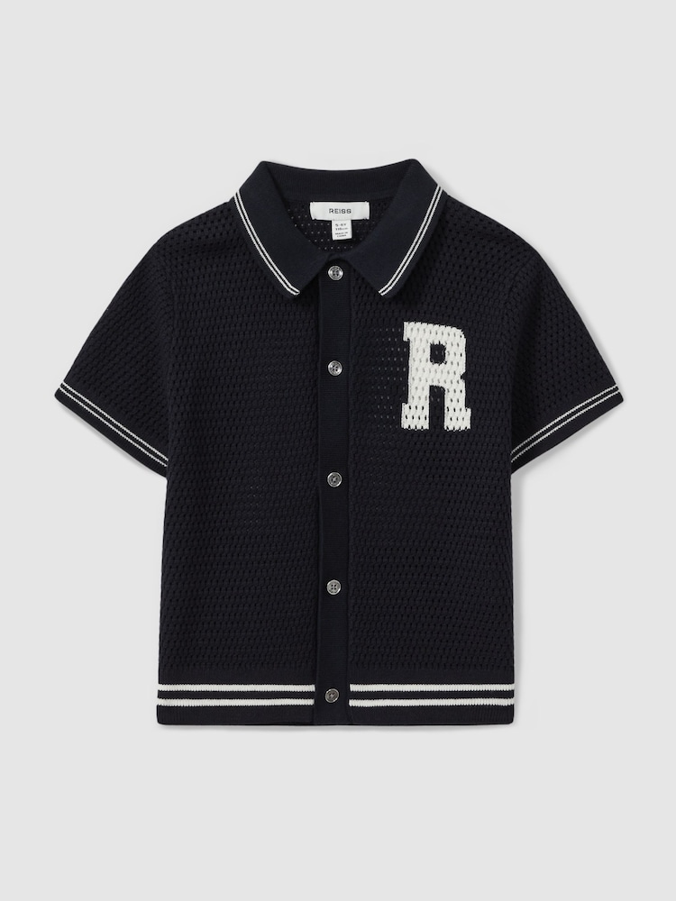 Reiss Navy/White Mikan 9-13 yrs Cotton Open-Stitch Motif Shirt - Image 2 of 5