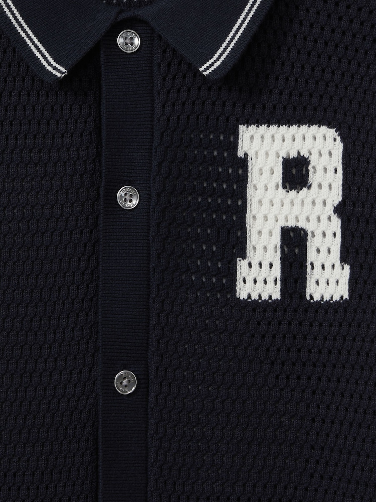 Reiss Navy/White Mikan 9-13 yrs Cotton Open-Stitch Motif Shirt - Image 5 of 5