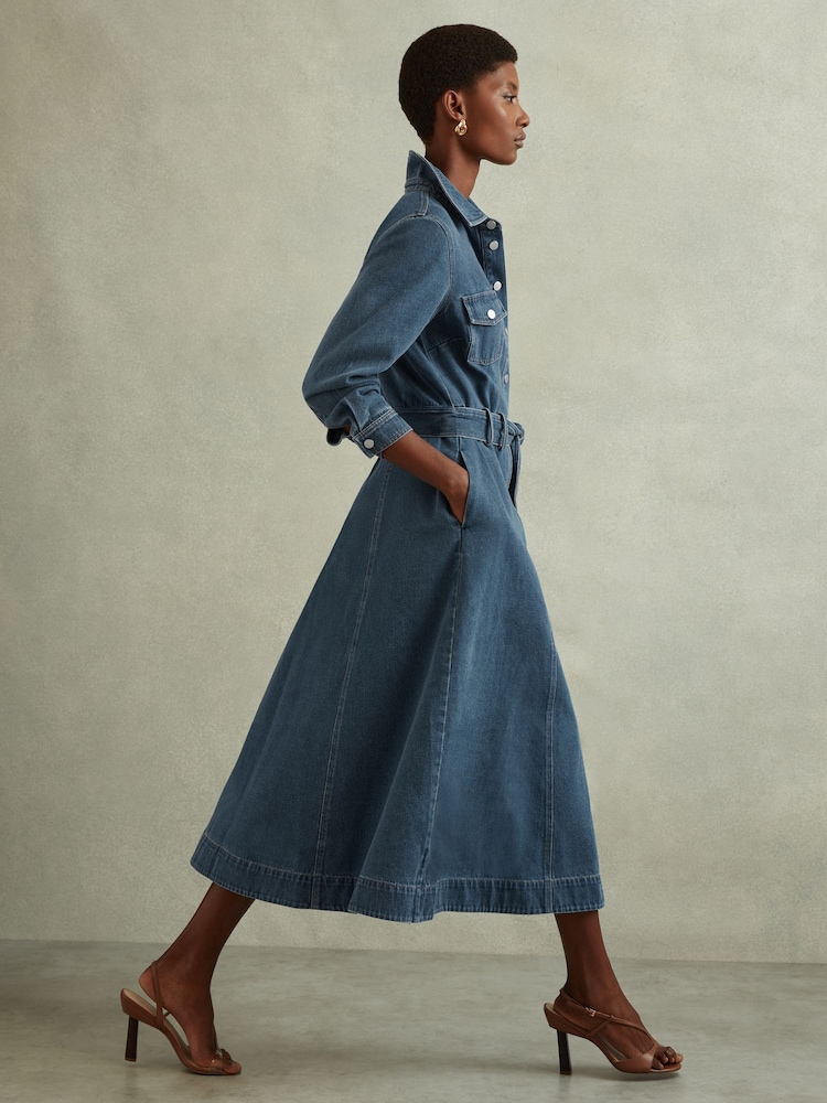 Reiss Indigo Elsa Belted Denim Midi Dress - Image 1 of 6
