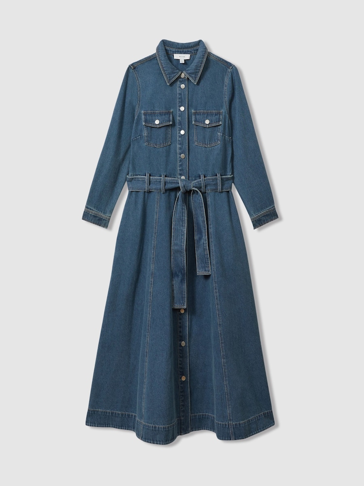 Reiss Indigo Elsa Belted Denim Midi Dress - Image 2 of 6