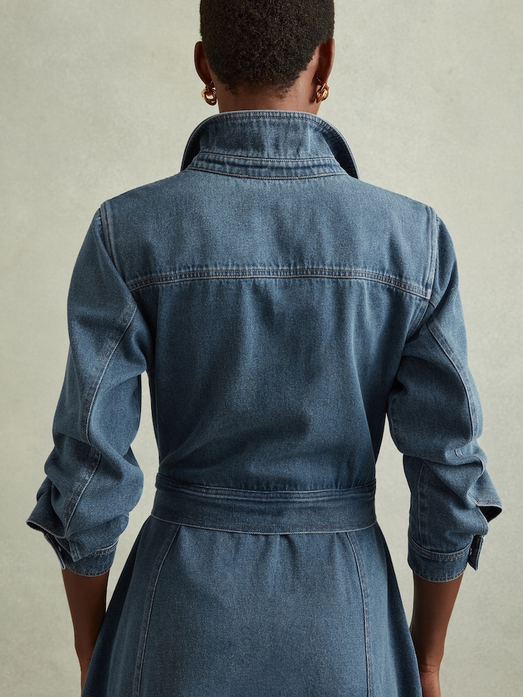 reiss elsa denim dress Reiss Elsa Denim Belted Midi Shirt Dress US 8 UK 12 Western Flare Bottom EUC