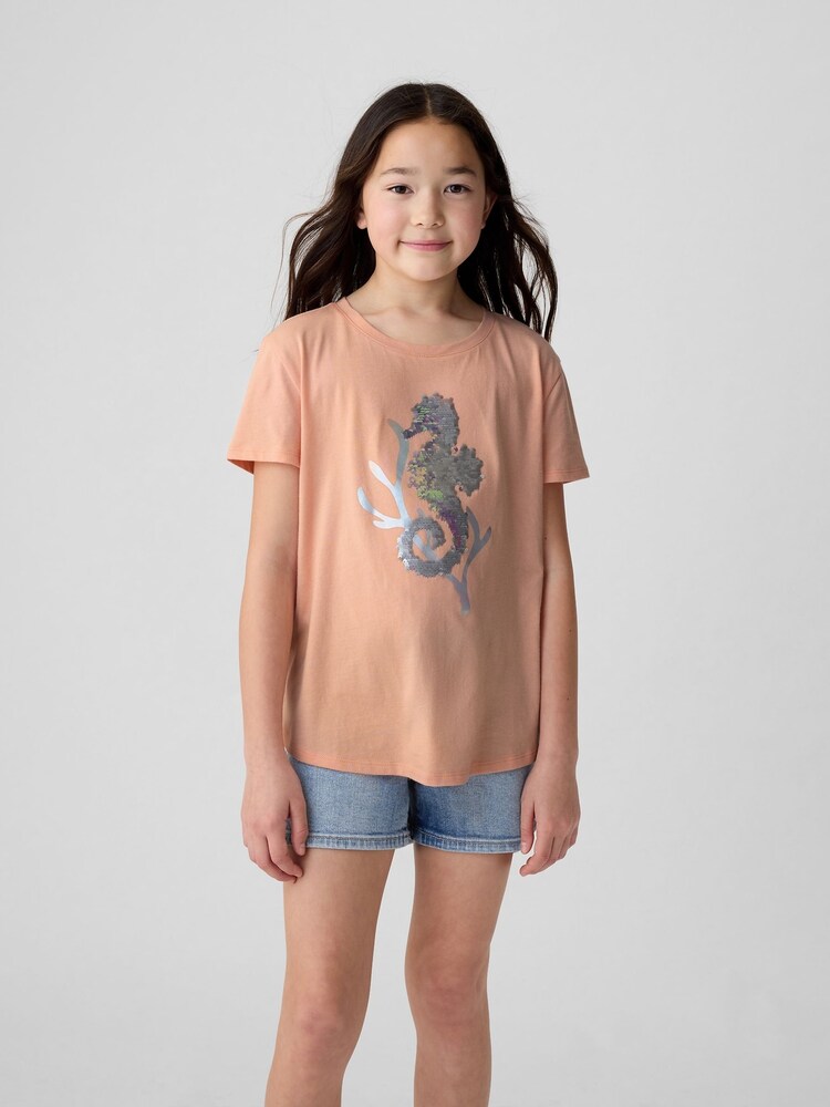 Gap Orange Seahorse Cotton Flippy Sequin Graphic Short Sleeve T-Shirt (4-13yrs) - Image 1 of 4