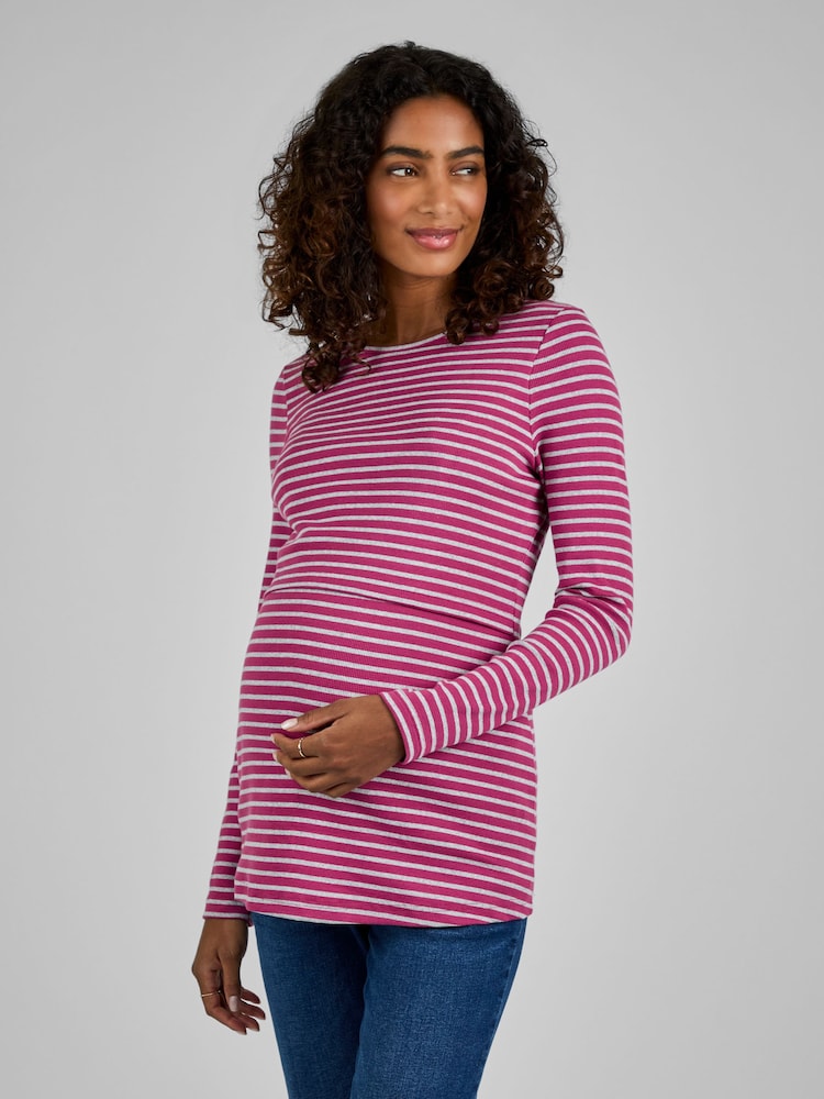 JoJo Maman Bébé Pink & Grey Stripe Ribbed Jersey Maternity & Nursing Top - Image 1 of 4