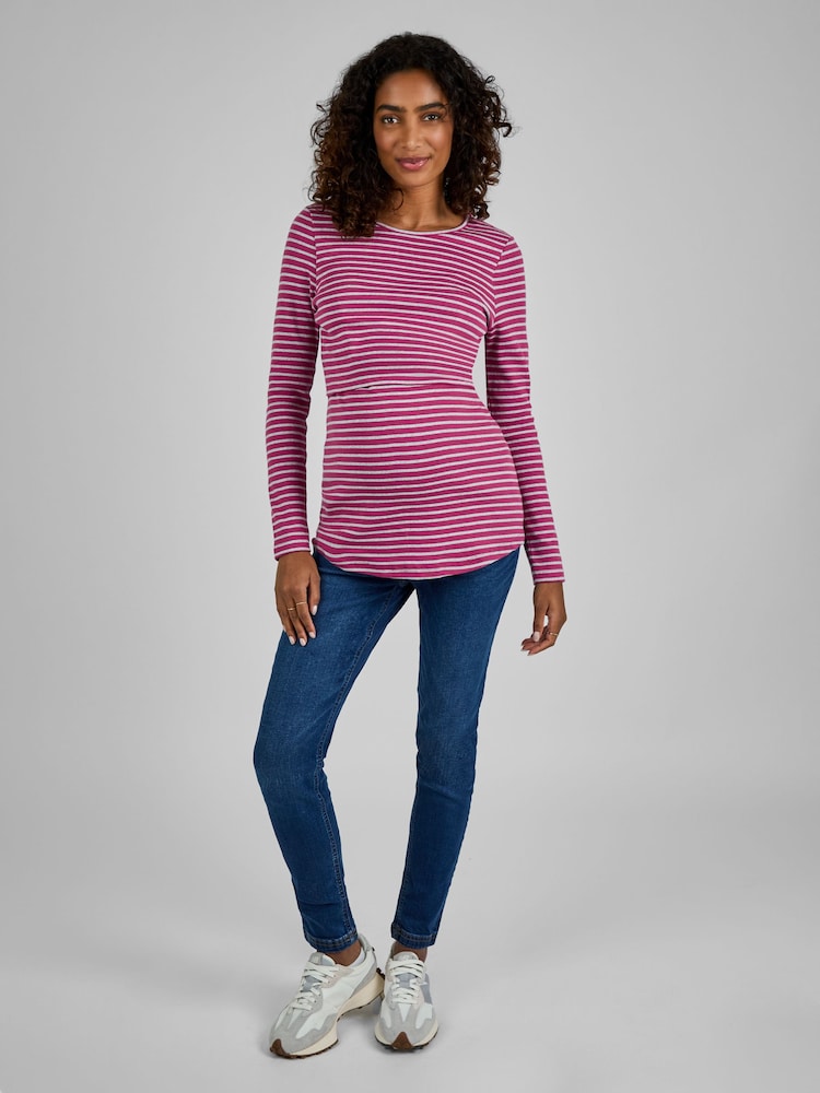 JoJo Maman Bébé Pink & Grey Stripe Ribbed Jersey Maternity & Nursing Top - Image 2 of 4