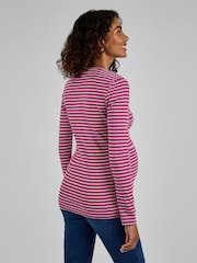 JoJo Maman Bébé Pink & Grey Stripe Ribbed Jersey Maternity & Nursing Top - Image 3 of 4