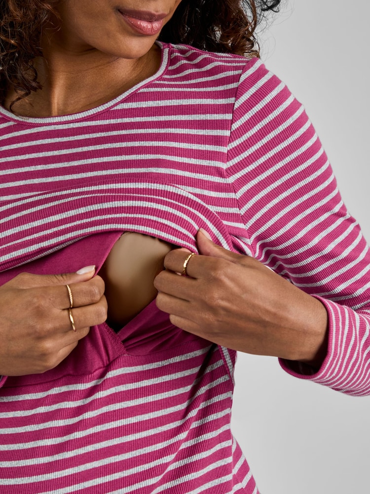 JoJo Maman Bébé Pink & Grey Stripe Ribbed Jersey Maternity & Nursing Top - Image 4 of 4