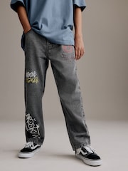 Grey Wide Fit 100% Cotton Graffiti Denim Jeans (3-16yrs) - Image 1 of 12