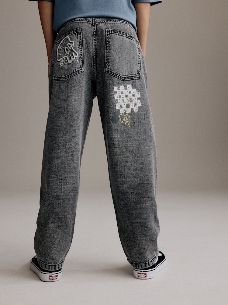 Grey Wide Fit 100% Cotton Graffiti Denim Jeans (3-16yrs) - Image 4 of 12