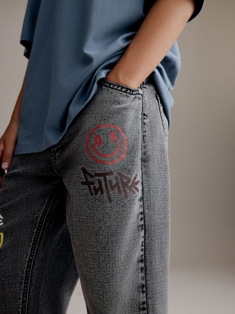 Grey Wide Fit 100% Cotton Graffiti Denim Jeans (3-16yrs) - Image 5 of 12