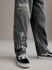 Grey Wide Fit 100% Cotton Graffiti Denim Jeans (3-16yrs) - Image 6 of 12