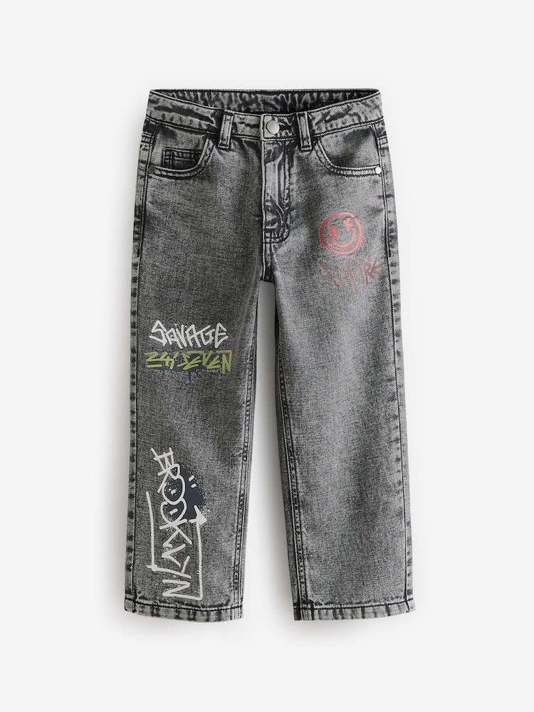 Grey Wide Fit 100% Cotton Graffiti Denim Jeans (3-16yrs) - Image 7 of 12