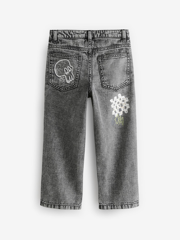 Grey Wide Fit 100% Cotton Graffiti Denim Jeans (3-16yrs) - Image 8 of 12