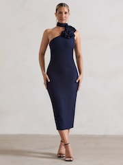 Club L London Navy Blue The Soiree Bodycon Midi Dress With Ruffled Choker - Image 1 of 5